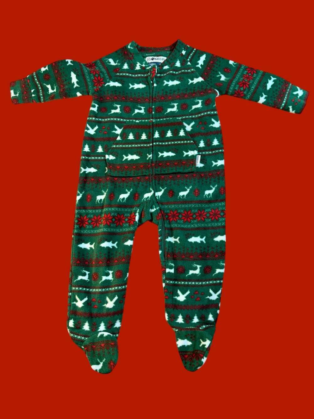 Magellan Outdoors Infant Holiday Fair Isle Fleece Footed Romper, Green, 12/18M